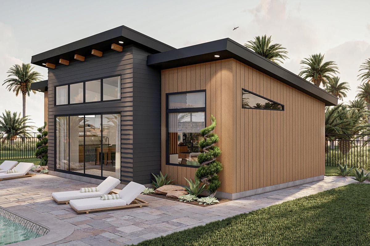 Modern house plan exterior with dark siding, wood siding, flat roof, and large windows.