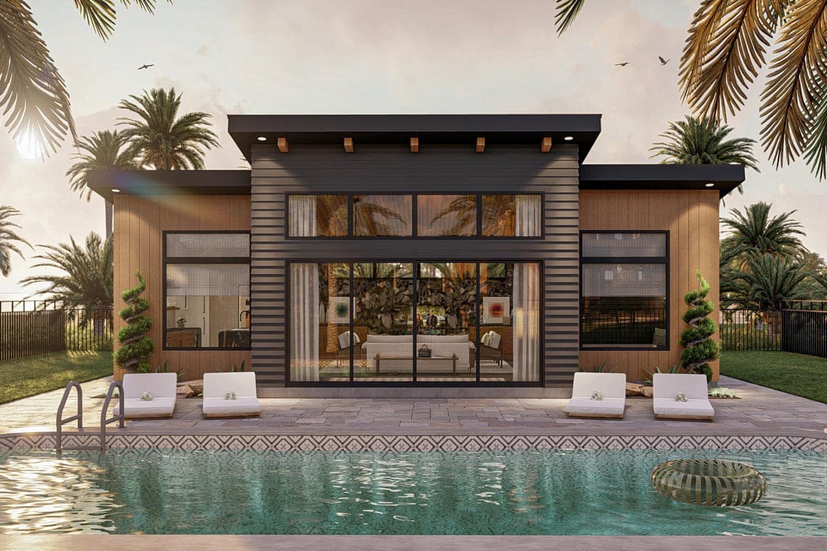 Modern house plan exterior with wood siding, dark horizontal paneling, large windows, and flat roof.