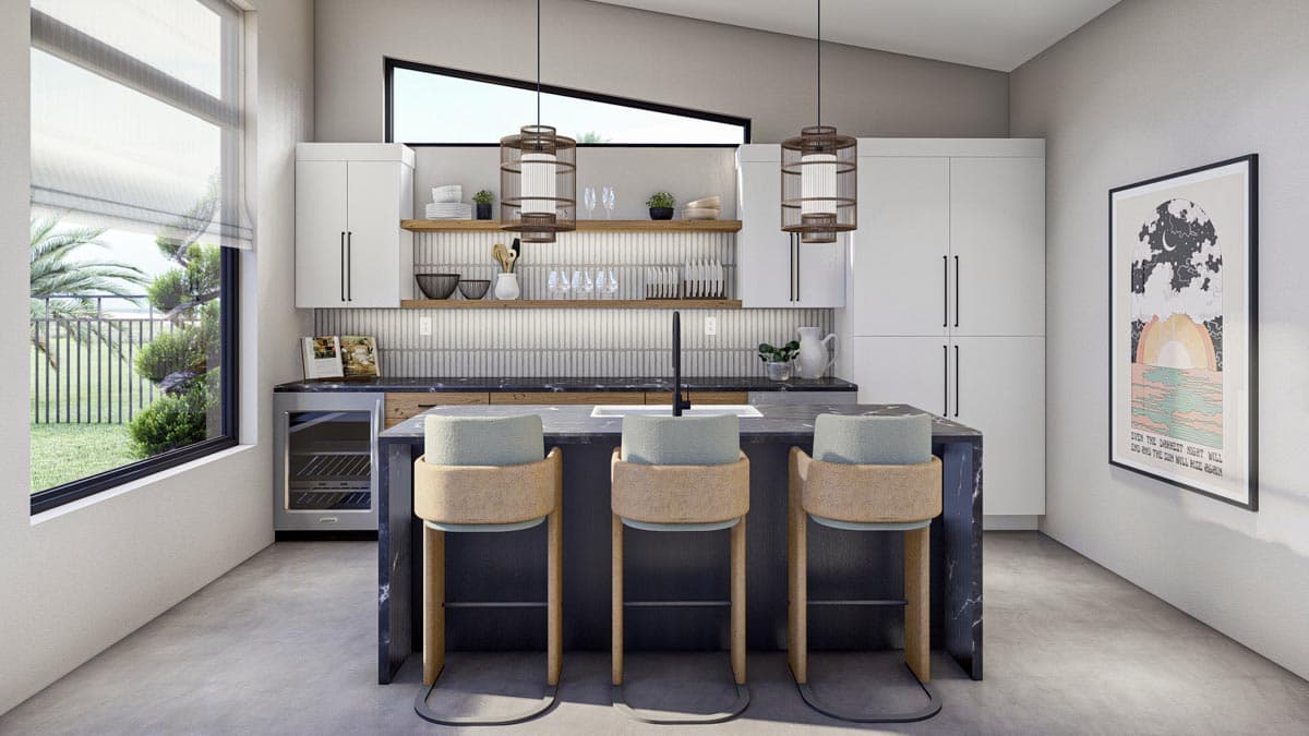 Modern kitchen interior with island, bar stools, integrated wine fridge, and asymmetrical window.