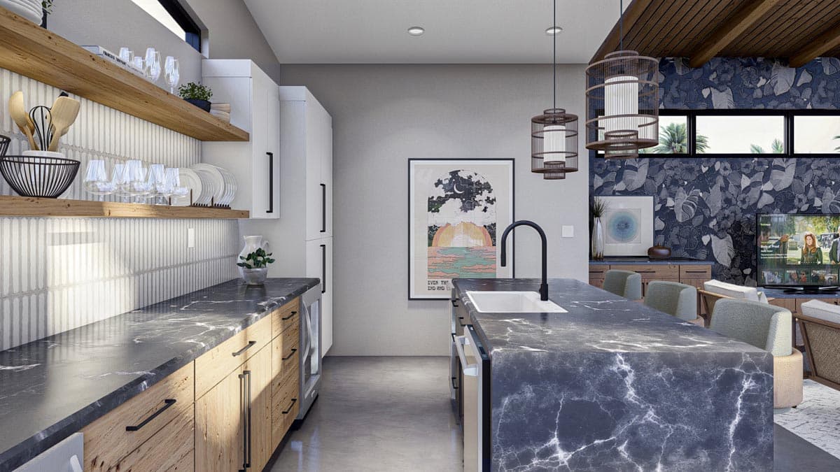 Kitchen and living area interior rendering with dark marble island, wood cabinets, textured backsplash, and patterned accent wall.
