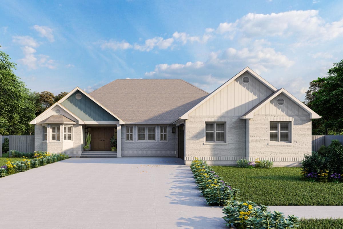 House plan exterior with gable roof, brick facade, and covered entry. Features a front porch, multiple gables, and a long driveway.