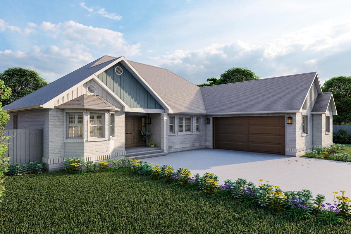 House plan exterior: Ranch style with bay window, covered entry, and attached two-car garage.