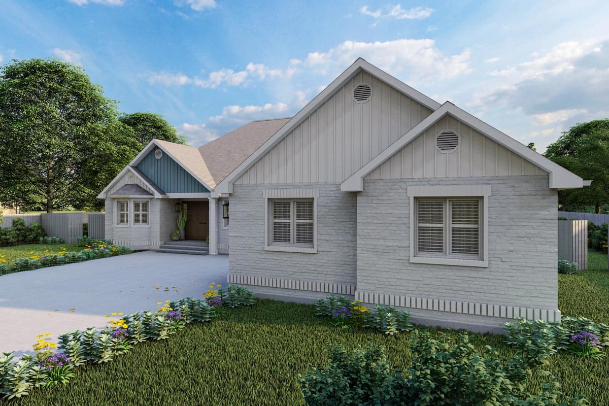 House plan exterior: Modern Farmhouse style, one story, brick facade, gabled roof with vertical siding accents.