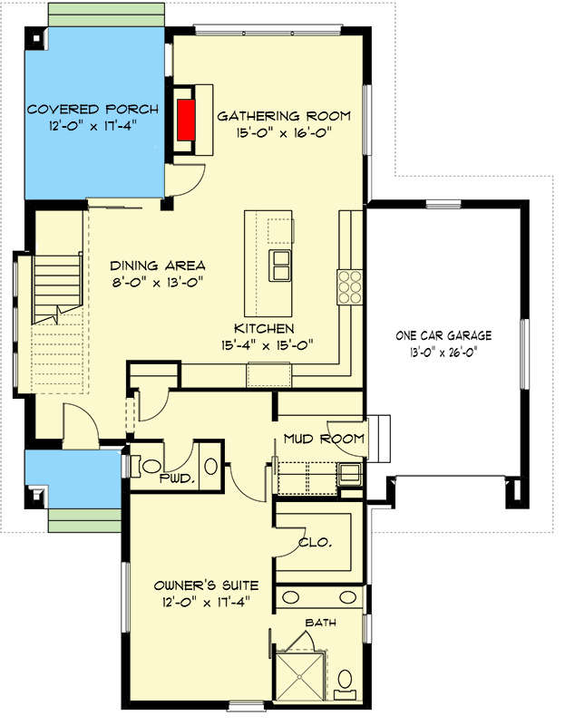 Plan 93155EL: Narrow Contemporary House Plan Under 2300 Square Feet with Bunk Room - Floor Plan - Main Level - Contemporary, Cottage, Mid Century Modern, Modern, New American, Northwest, Prairie, Transitional