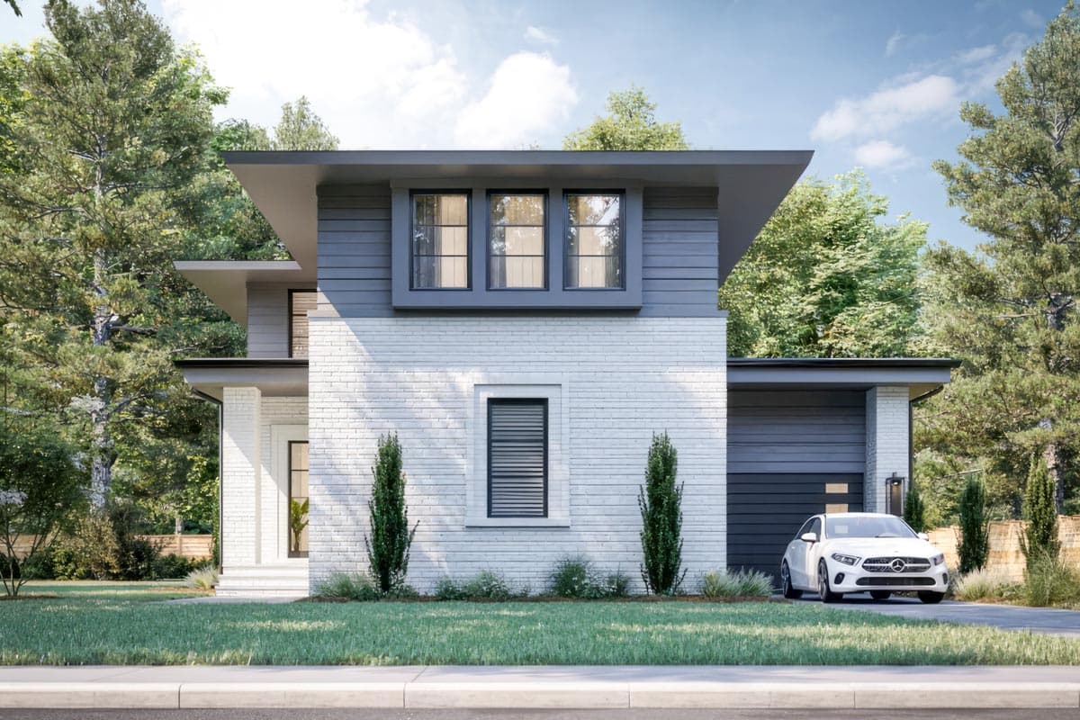 House plan exterior. Two-story Modern house with flat roof, horizontal siding, and attached garage. Brick facade with a minimalist design.
