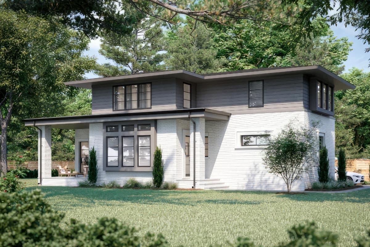 Two-story modern house plan exterior with white brick and gray siding, flat roof, and covered porch.