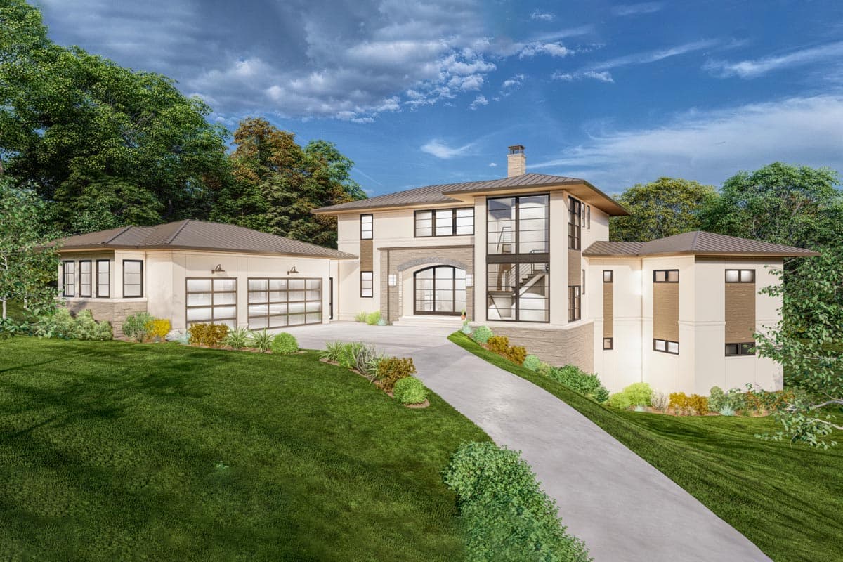 House plan exterior. Modern style, two-story home with flat rooflines, large windows, and a detached garage with a glass door.