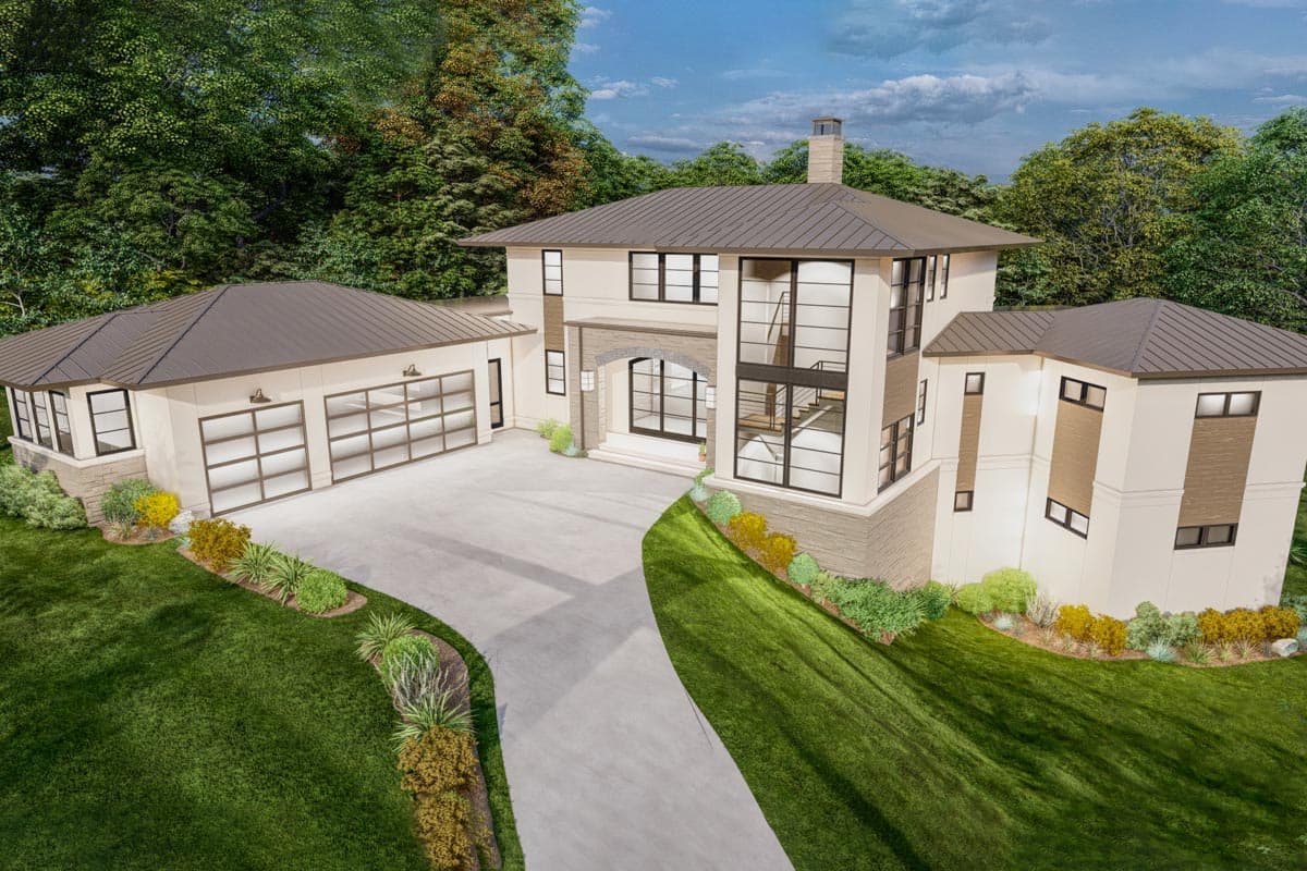 House plan exterior: Modern two-story residence with attached garage, flat roof, large windows, and stone accents.