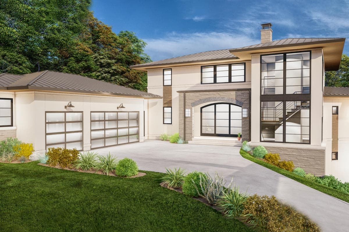 Contemporary house plan exterior with a metal roof, a three-car garage with glass doors, and an arched entry with stone accents.