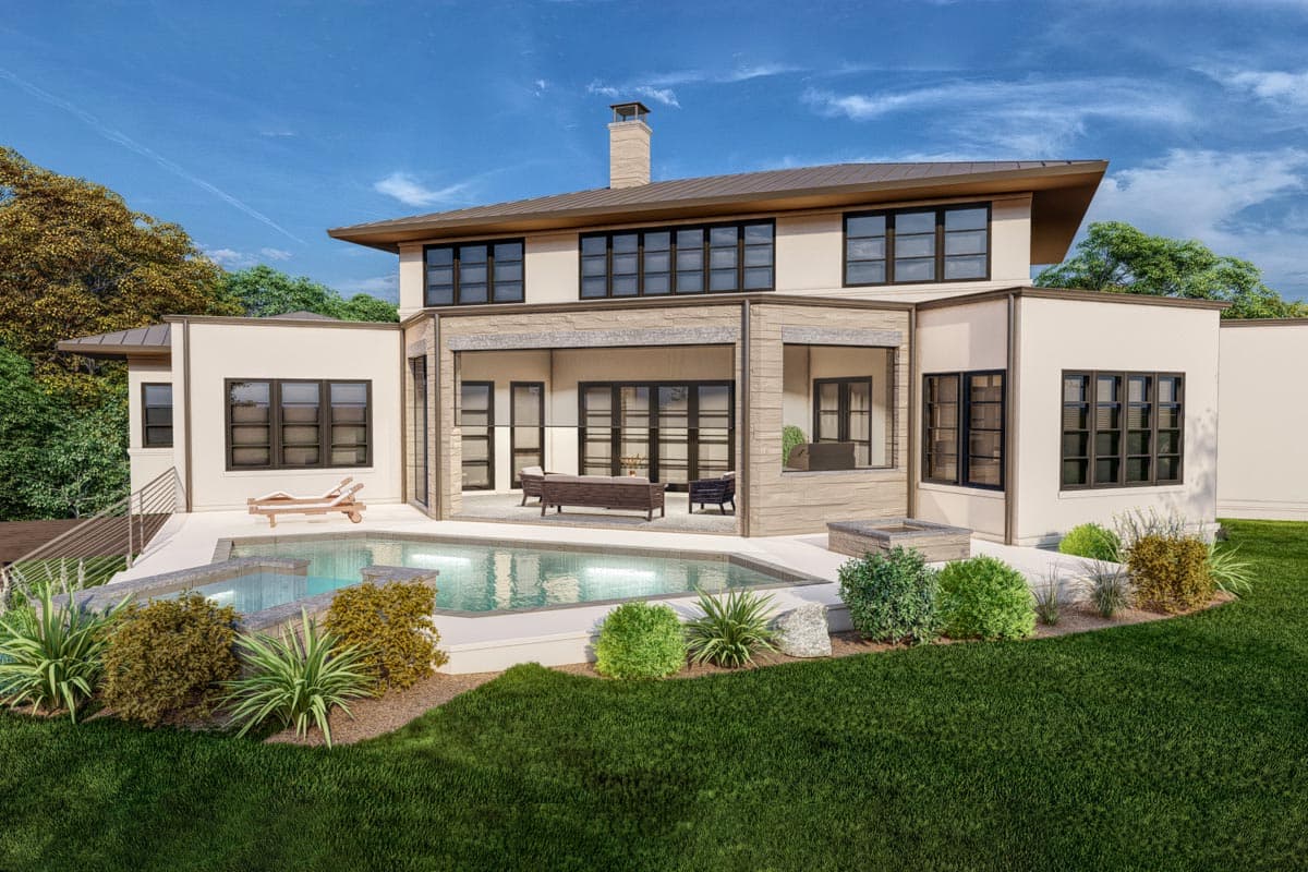 Plan 93156EL: Contemporary Mediterranean House Plan for Sloped Lots with Optional Golf Simulator  - Image #4 - Contemporary, Mid Century Modern, Modern, Northwest, Prairie