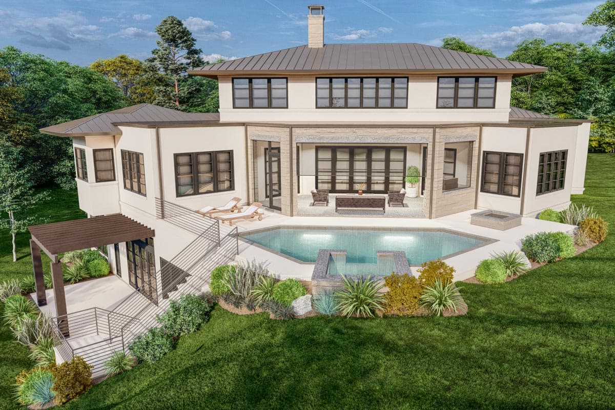 Plan 93156EL: Contemporary Mediterranean House Plan for Sloped Lots with Optional Golf Simulator  - Image #5 - Contemporary, Mid Century Modern, Modern, Northwest, Prairie