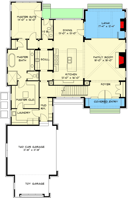 Plan 93158EL: Transitional Shingle Home Plan with 3rd Floor Man Cave - Floor Plan - Main Level - European, French Country, Shingle, Southern, Transitional