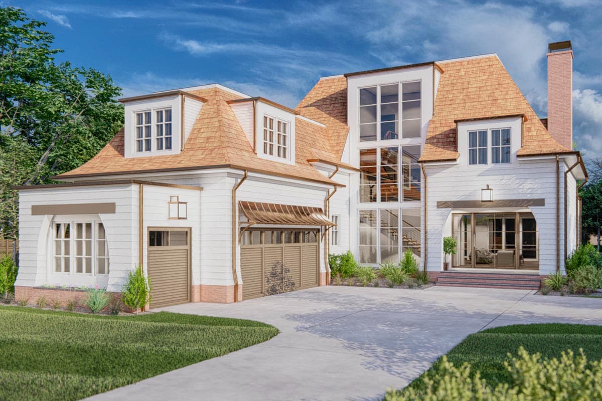 House plan exterior. Two-story with gabled roof, dormers, and a garage. Features large windows and a covered entryway.