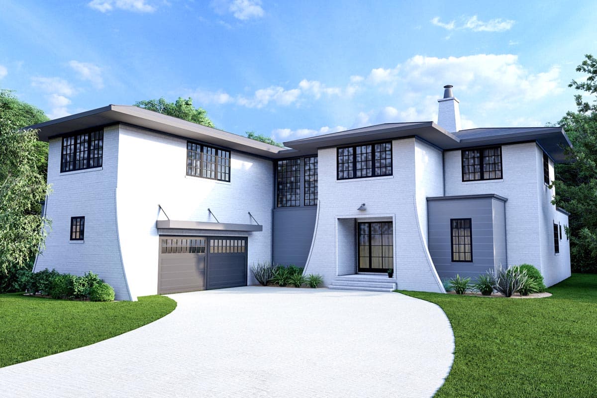 House plan exterior. Two-story Modern style with flat roof and curved exterior wall. Features include an attached garage and large windows.