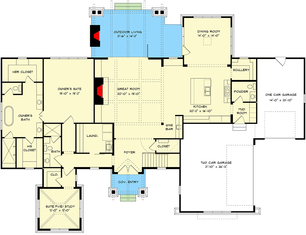 Plan 93160EL: Rustic Craftsman Plan with Upstairs Home Office and Media Room - 4786 Sq Ft - Floor Plan - Main Level - Cottage, Country, Craftsman, Modern Farmhouse, Mountain, New American, Rustic
