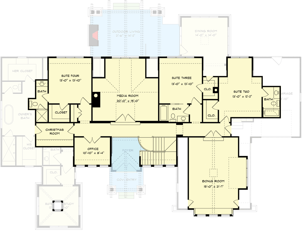Plan 93160EL: Rustic Craftsman Plan with Upstairs Home Office and Media Room - 4786 Sq Ft - Floor Plan - 2nd Floor - Cottage, Country, Craftsman, Modern Farmhouse, Mountain, New American, Rustic