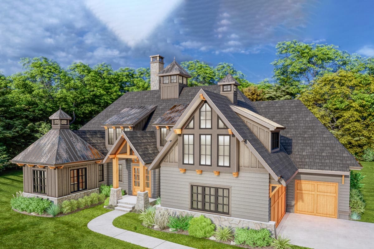 Modern Farmhouse house plan exterior with stone foundation, gables, dormers, prominent chimney, and attached garage.
