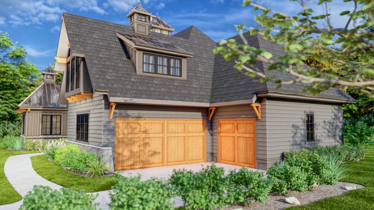 House plan exterior with a Modern Farmhouse style, 2-car garage, dormer windows, and cupola detail.
