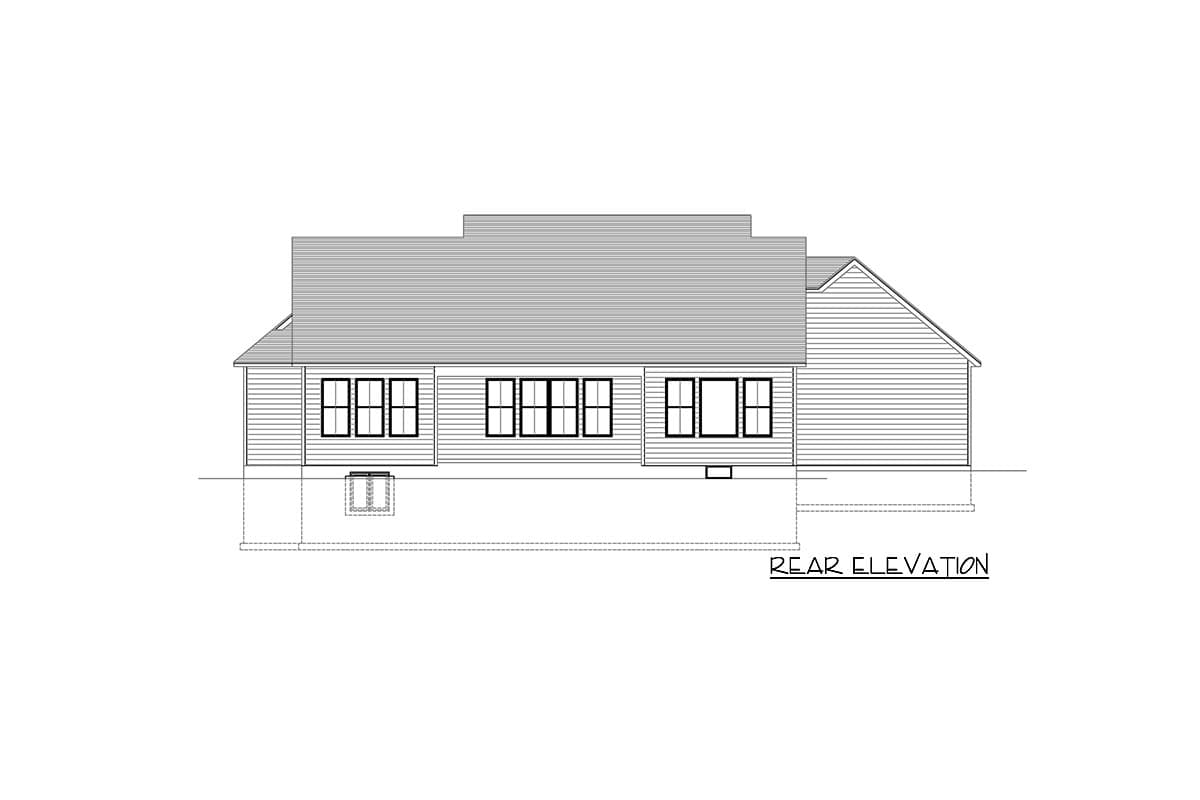 Rear elevation drawing of a house plan featuring a multi-level roofline and horizontal siding.