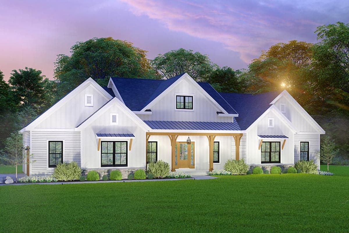 House plan exterior. Modern Farmhouse with gabled roof, covered porch with exposed beams, and multiple dormers. Features include dark window trim.