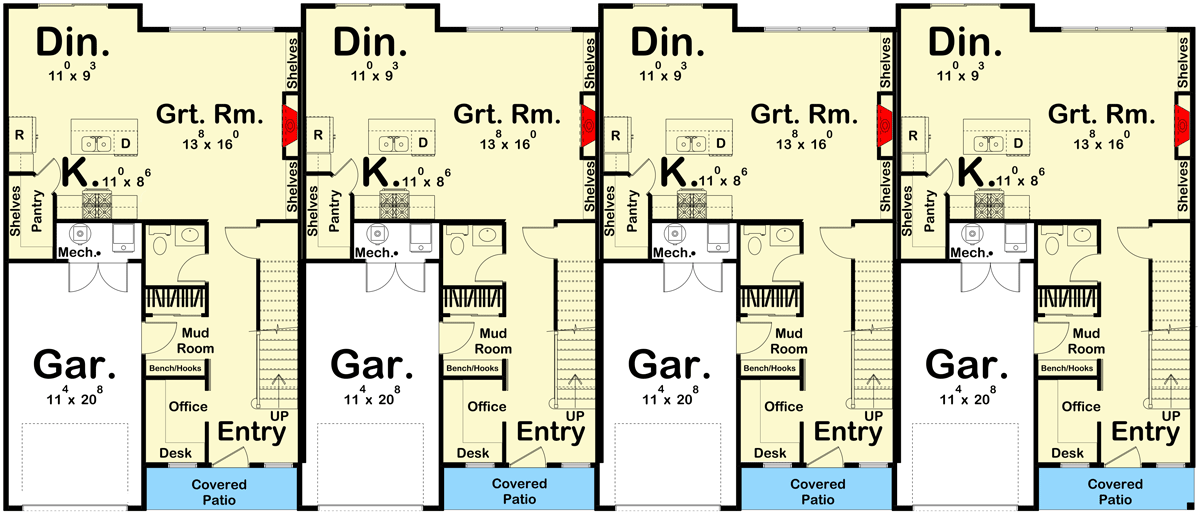 Plan 623211DJ: Quadplex Modern Farmhouse with 1711 Square Foot 3-Bed Units - Floor Plan - Main Level - Traditional