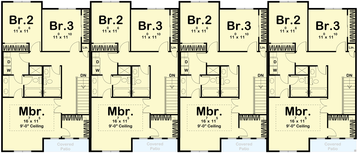 Plan 623211DJ: Quadplex Modern Farmhouse with 1711 Square Foot 3-Bed Units - Floor Plan - 2nd Floor - Traditional