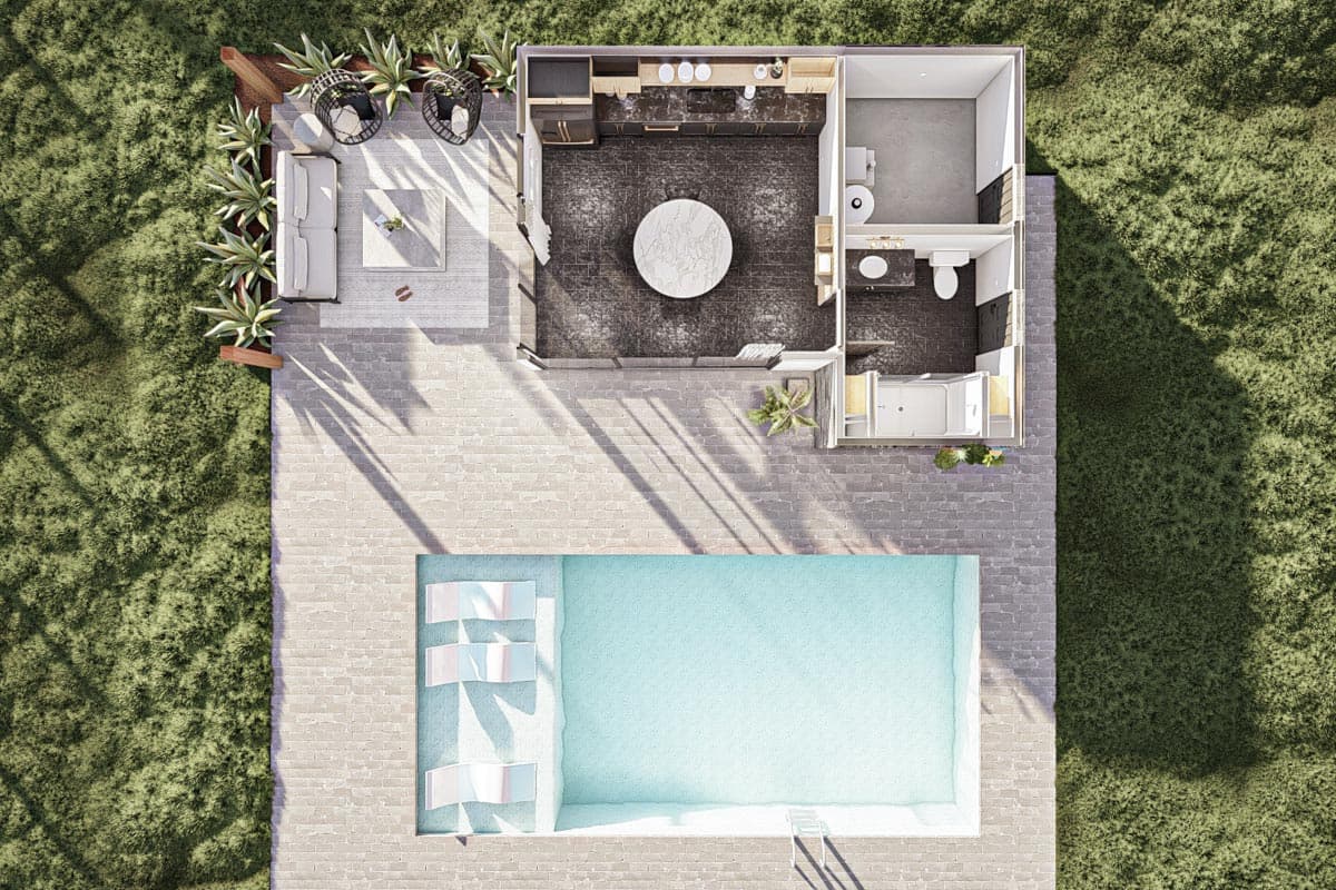 Overhead view of a modern backyard with a pool, patio, and small house. The house includes a kitchen, bathroom, and outdoor seating area.