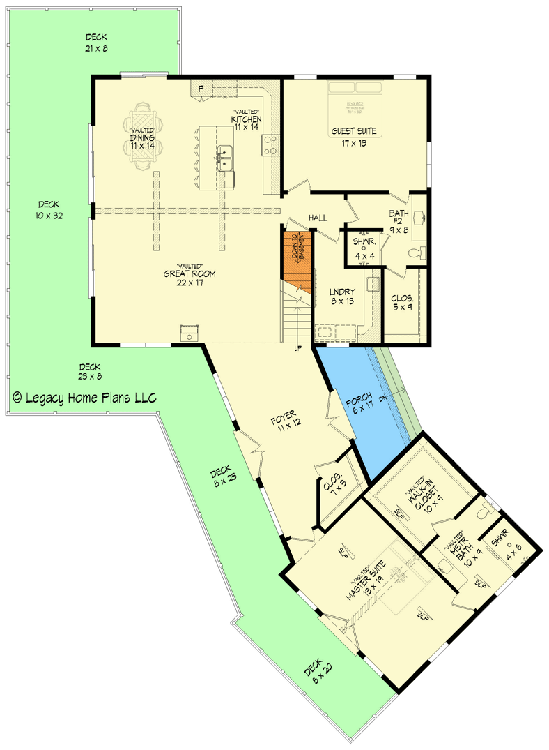 Plan 680096VR: Light-Filled Lake House Plan with Large Wrapping Deck and Lower Level Expansion - Floor Plan - Main Level - Contemporary, Country, Mountain, New American, Rustic, Traditional