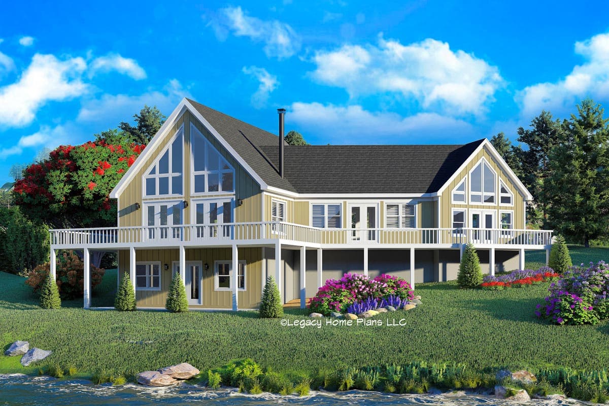 House plan exterior with two stories. Features include a wraparound deck, gable roof, and large, triangular windows in the gables.