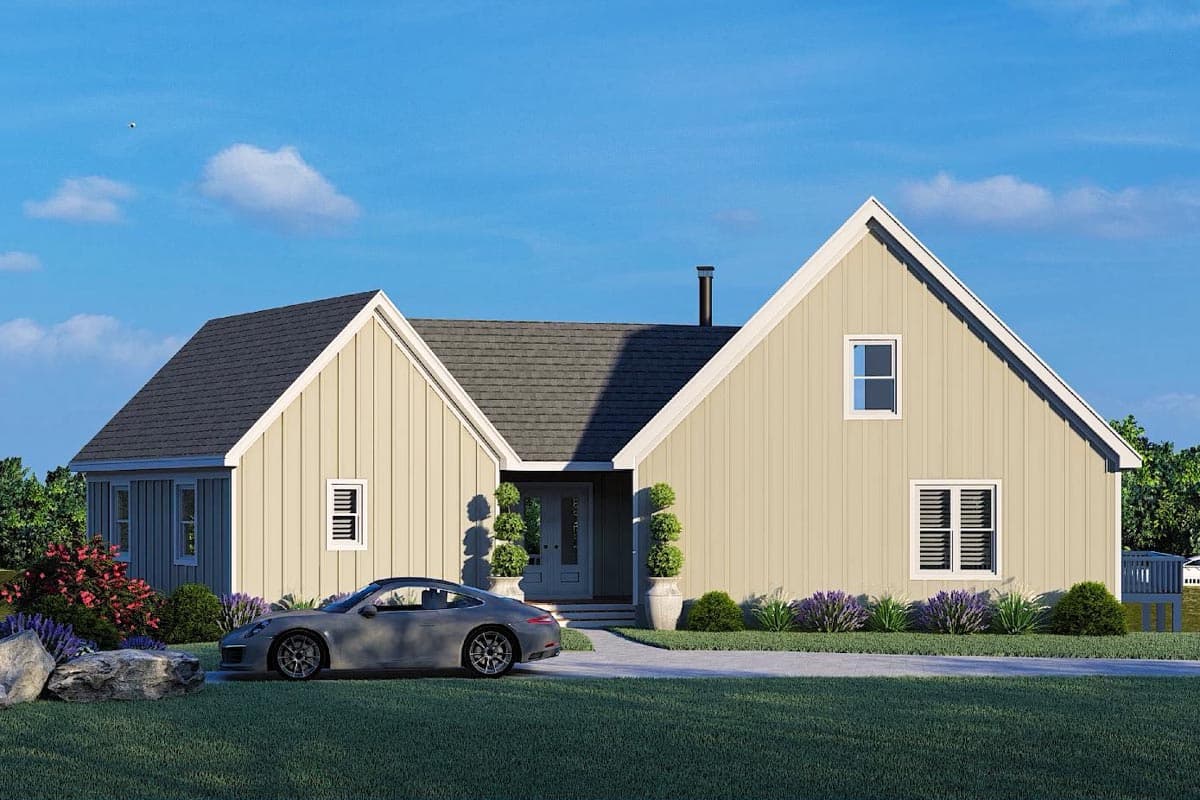 House plan exterior: Modern Farmhouse style, two stories, gabled rooflines, vertical siding, and a front-facing garage.