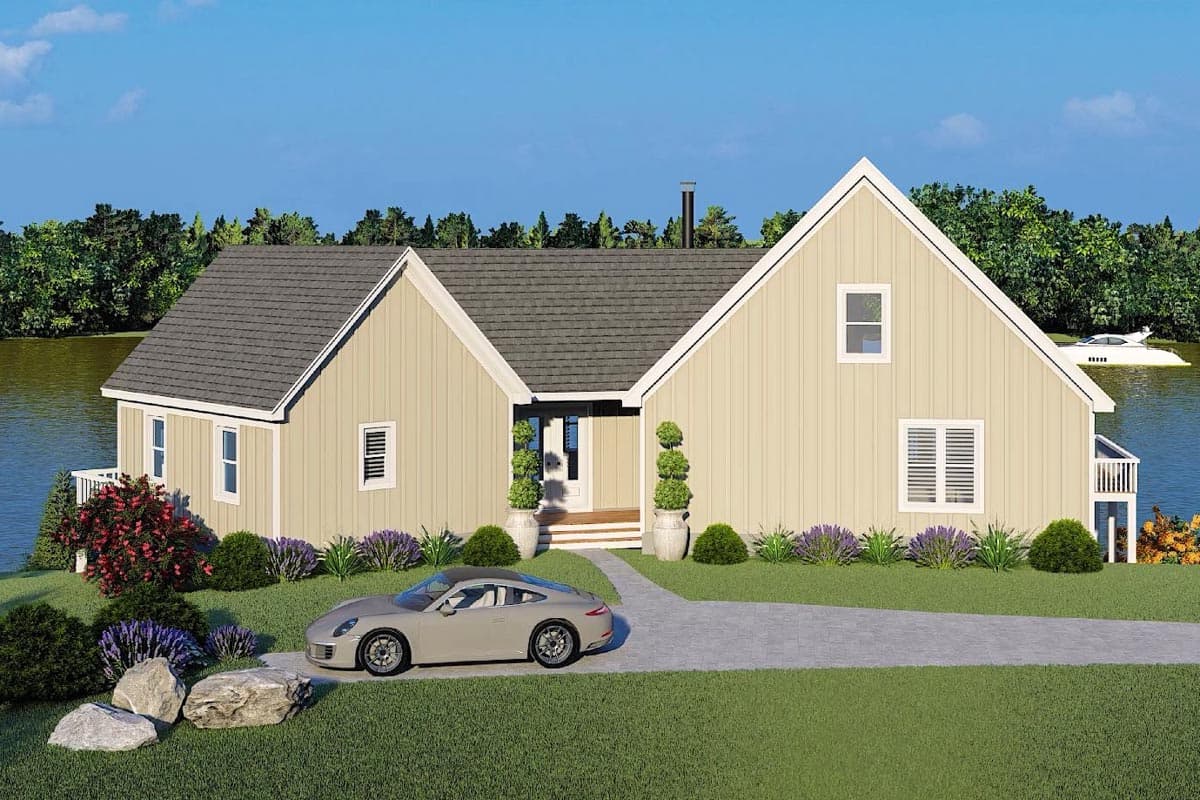 House plan exterior: One-story Modern Farmhouse with prominent gables, vertical siding, front entrance, and side porch.