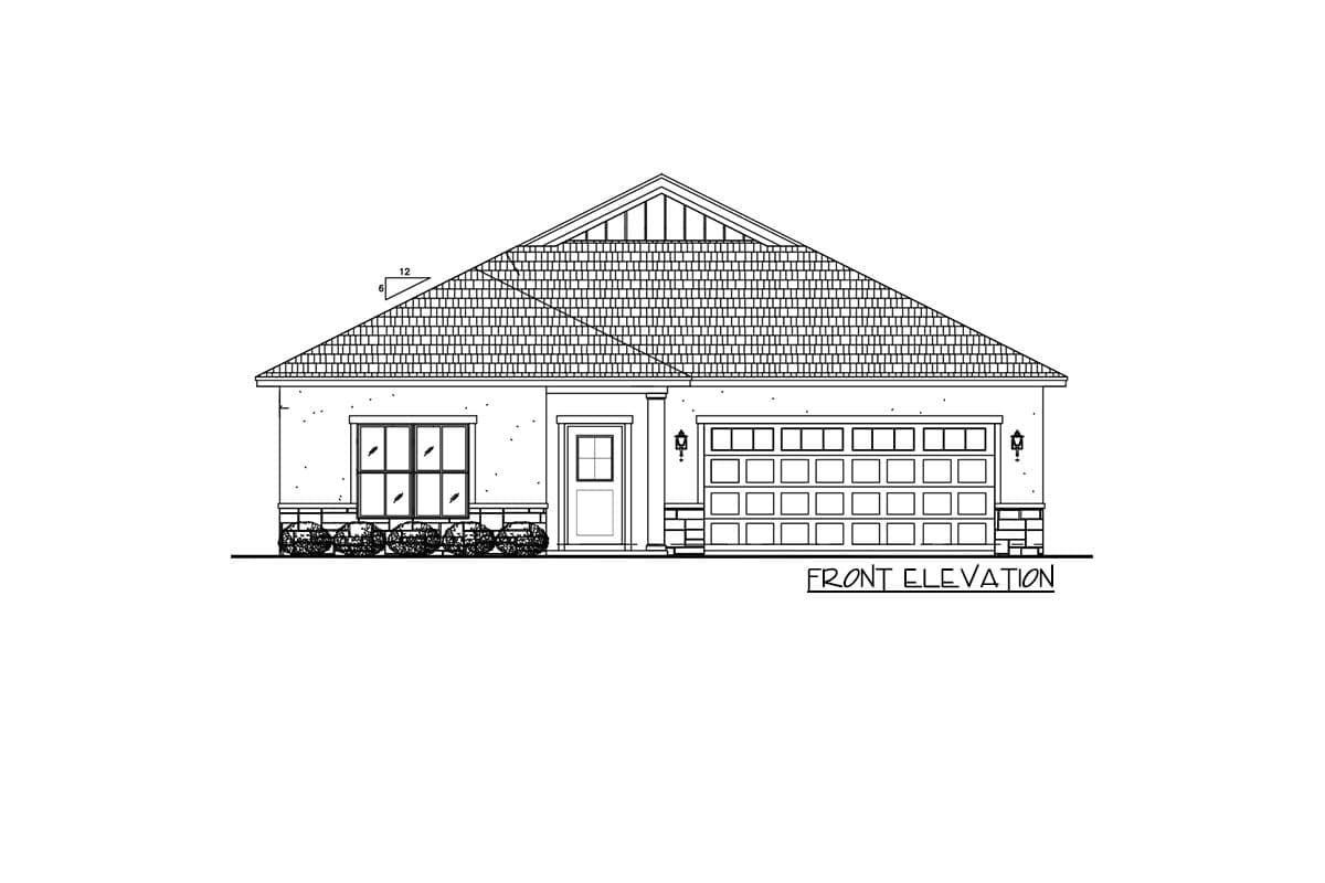 Front elevation drawing of a one-story house with a prominent gable roof, covered entry, and attached two-car garage.