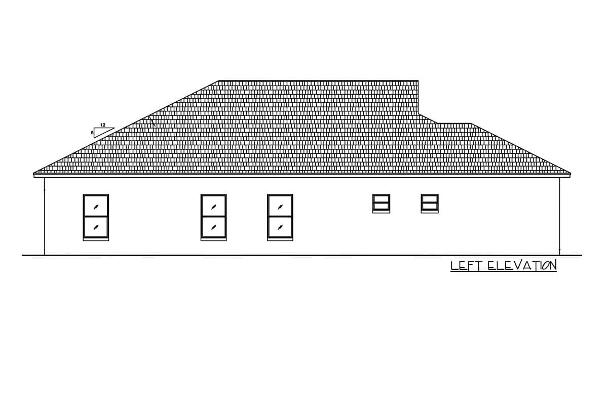 Left elevation drawing of a house plan, featuring a pitched roof and evenly spaced rectangular windows.