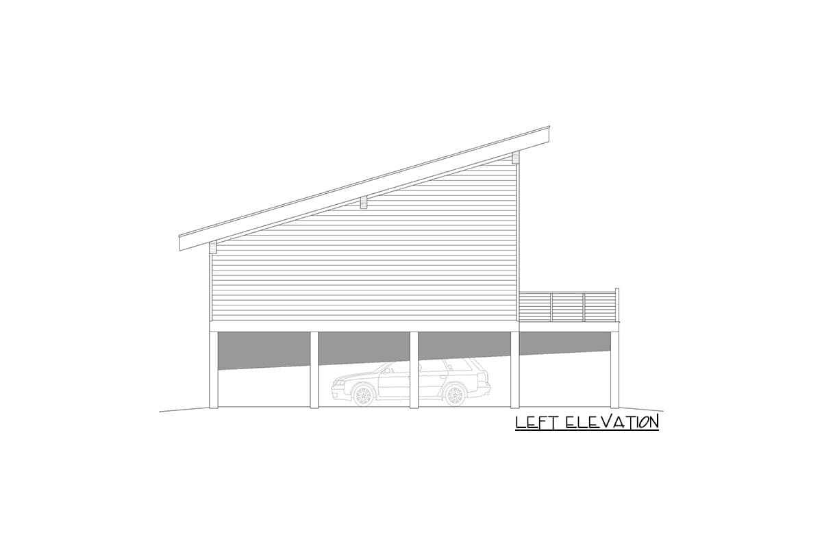 Left elevation drawing of a house with a sloped roof, elevated foundation, and carport on lower level.
