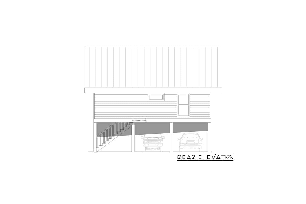 Rear elevation drawing of a house plan featuring a metal roof, horizontal siding, stairs, and a two-car garage below.