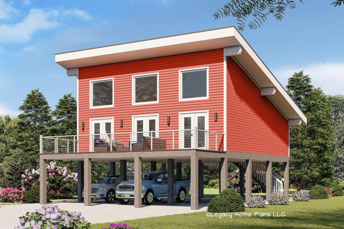 House plan exterior. Two-story, Modern style home with elevated construction. Features include a flat roof, balcony, and covered parking area.