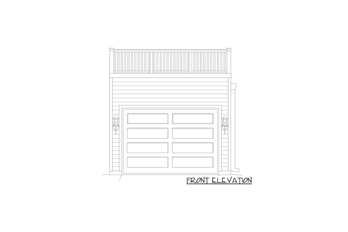 Front elevation of a house plan showing a garage with a second-story deck above, flanked by lanterns.