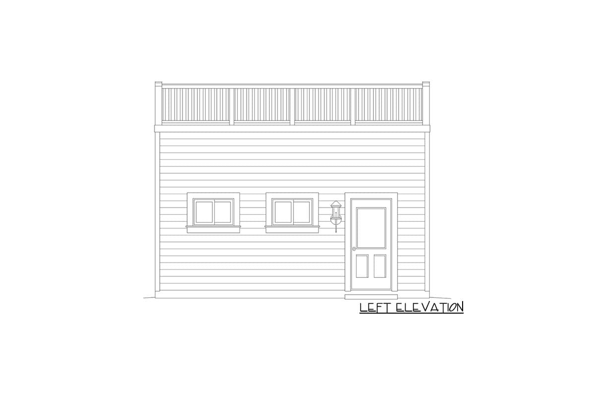 Left elevation drawing of a house plan showing two windows, a door, and a second-story balcony.