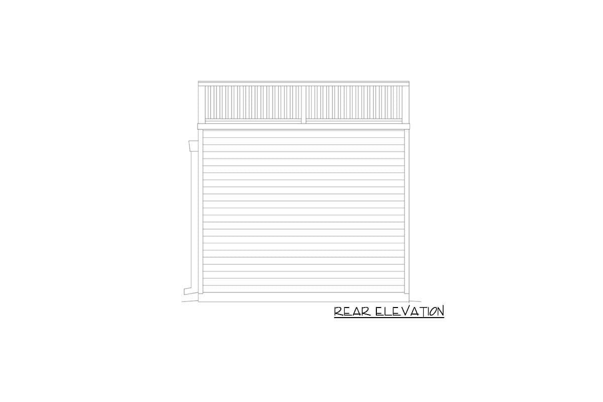 Rear elevation of a house plan showing horizontal siding and a deck railing above.