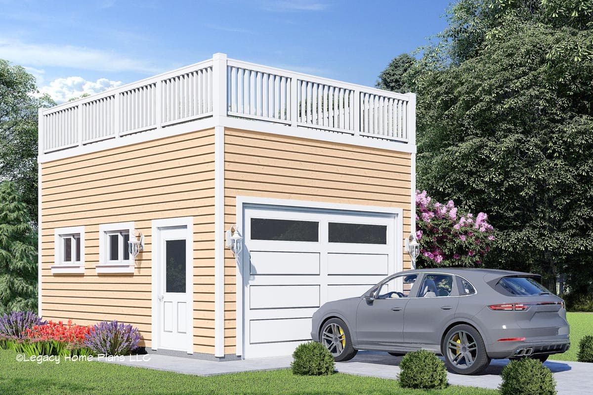 House plan exterior with two stories, a roof deck with railing, horizontal siding, and a garage door with glass panels.