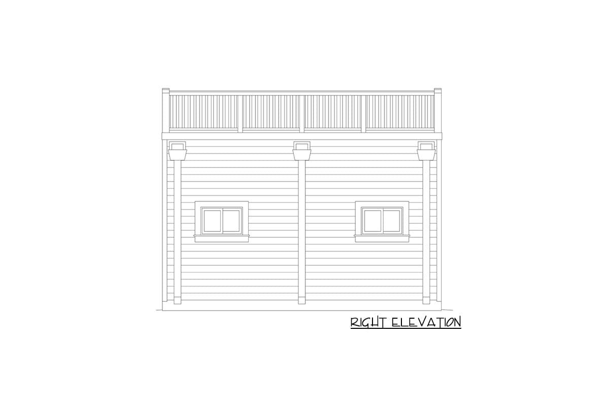Right elevation house plan showing horizontal siding, two windows, and a railing on top.