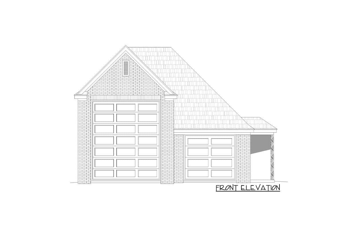 Front elevation drawing of a house plan showing a two-car garage and a one-car garage, brick exterior, and gabled roof.
