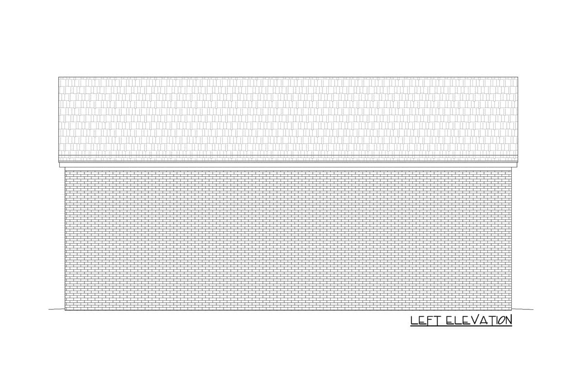 Left elevation drawing of a house plan with brick exterior walls and a shingled hip roof.