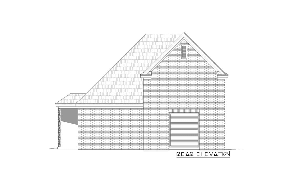 Rear elevation drawing of a house with brick exterior, gable roof, and garage door.