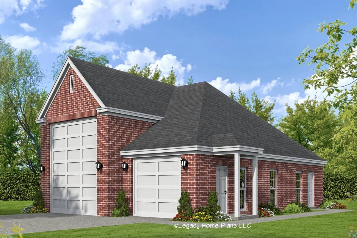 House plan exterior with brick facade, gable roof, and two-car garage. Features include porch with columns and multiple windows.