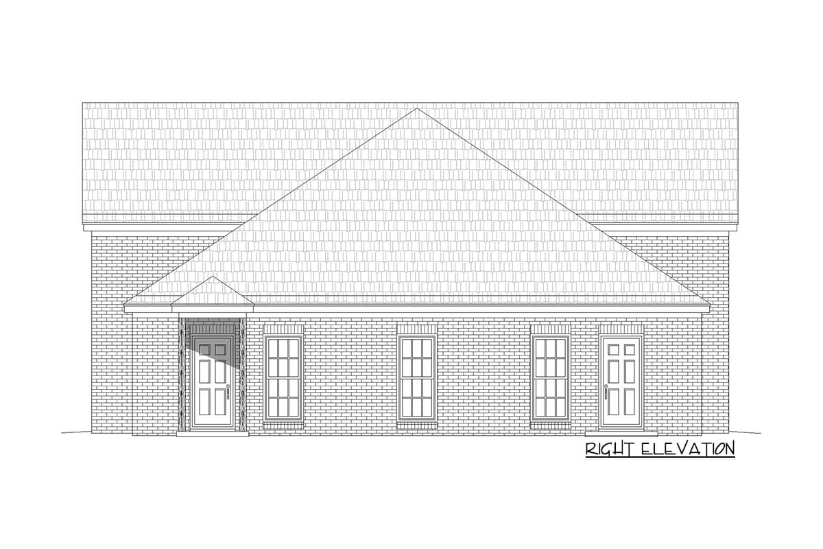 Right elevation drawing of a one-story house with a brick exterior, covered entryway, and a large gable roof.