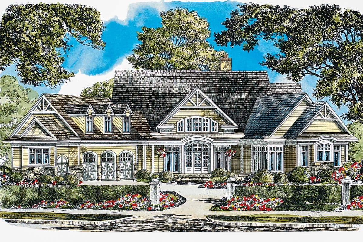 House plan exterior: Two-story Modern Farmhouse with wraparound porch, gables, dormers, and a three-car side-entry garage.