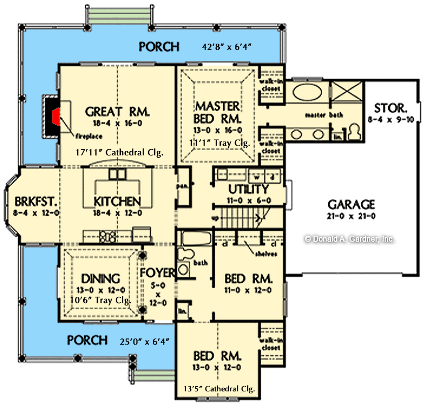 Plan 444385GDN: Country House Plan Under 1900 Square Feet with Two Wrap-Around Porches - Floor Plan - Main Level - Country, Farmhouse, Southern, Traditional