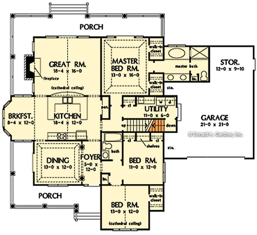 Plan 444385GDN: Country House Plan Under 1900 Square Feet with Two Wrap-Around Porches - Floor Plan - Main Level - Basement Stairs Location - Country, Farmhouse, Southern, Traditional