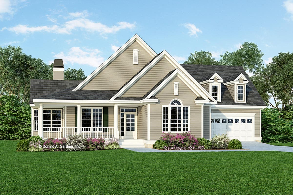 House plan exterior featuring a two-story design. Key elements include a front porch, gables, dormers, and an attached garage.